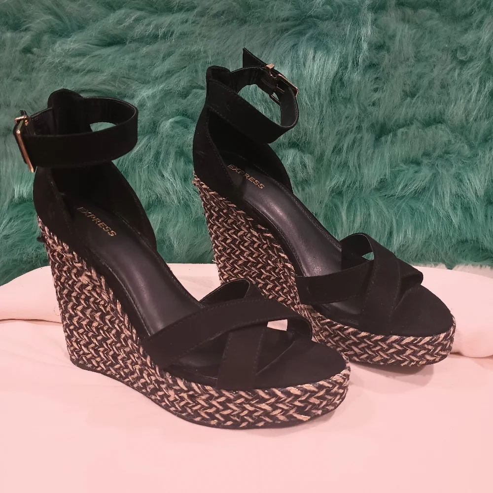Express Espadrille Black and Tan Open Toe Ankle Strap High Wedge Sandals Size 9